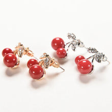 woman jewelry Women Lovely Red cherry earrings Rhinestone leaf bead stud earrings J4U66