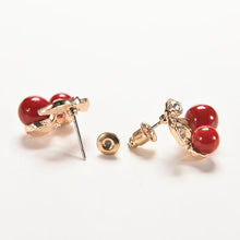 woman jewelry Women Lovely Red cherry earrings Rhinestone leaf bead stud earrings J4U66