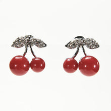 woman jewelry Women Lovely Red cherry earrings Rhinestone leaf bead stud earrings J4U66