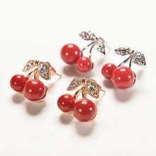 woman jewelry Women Lovely Red cherry earrings Rhinestone leaf bead stud earrings J4U66