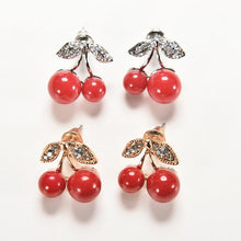 woman jewelry Women Lovely Red cherry earrings Rhinestone leaf bead stud earrings J4U66