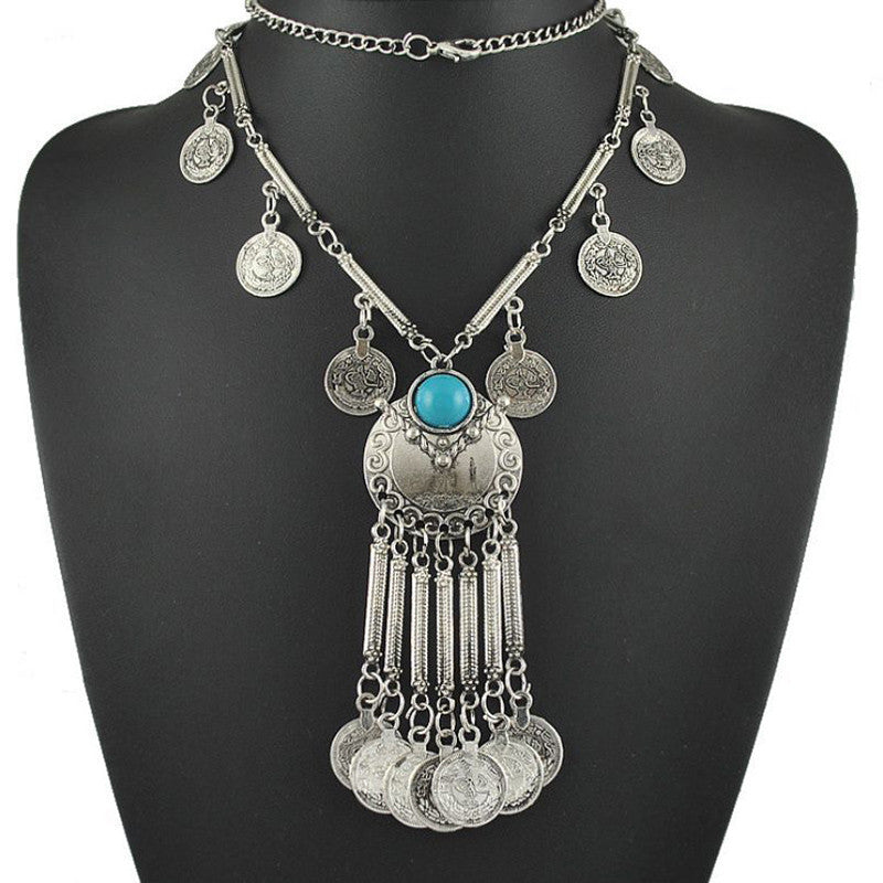 women Bohemian Vintage Coin Long Pendant Necklace Silver Chain Gypsy Tribal Ethnic silver jewelry Tassel Necklace J4U66