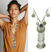 women Bohemian Vintage Coin Long Pendant Necklace Silver Chain Gypsy Tribal Ethnic silver jewelry Tassel Necklace J4U66