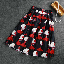 women skirt midi skirt girl print knee length elastic high waist a line pleated skirt black beige jupe femme J4U66