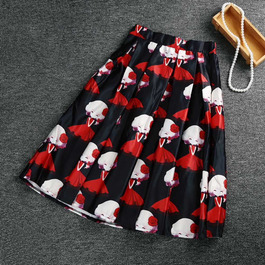 women skirt midi skirt girl print knee length elastic high waist a line pleated skirt black beige jupe femme J4U66